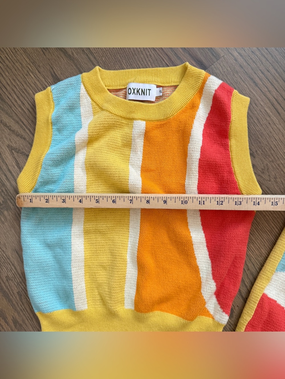 OxKnit Yellow Colorblock VTG Vest Skirt Suit Set S Sweater 60s 70s Retro Knit - Picture 6 of 13